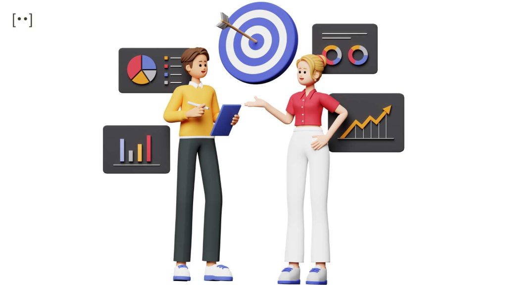 It is a graphical representation of audience targeting using customer journey maps. The images shows the illustration of two women carrying clipboards talking to each other, while there are metrics in the form of bar graphs, and pie charts at the back and an arrow hitting the bull's eye in the background.